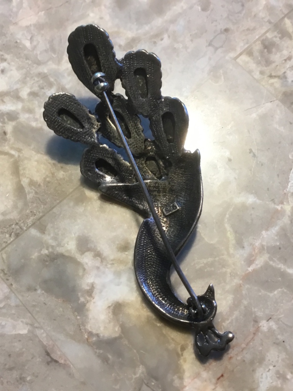 Sterling 925 ONYX Peacock Brooch (latch hook missing) - Picture 7 of 11